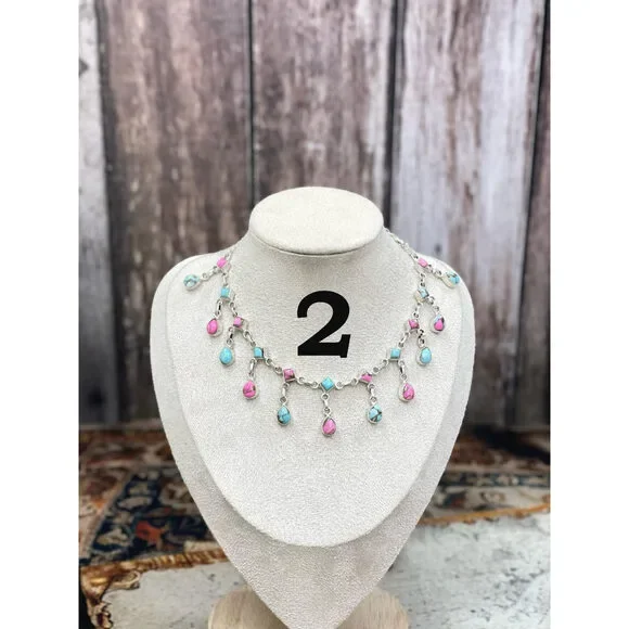 Handmade Sterling Silver Cotton Candy Turquoise Necklace, Signed Nizhoni